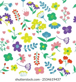 Padrão de primavera floral. Planta de fundo para moda, tapeçarias, estampas, decoração, têxtil. Diferentes flores coloridas