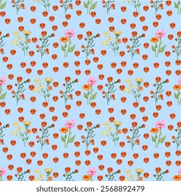 Floral Spring Pattern with Vibrant Wildflowers on Sky Blue Background – Minimalist Nature-Inspired Design for Fabric, Wallpaper, and Stationery