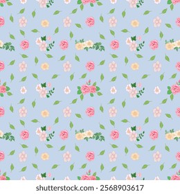 Floral Spring Pattern with Vibrant Wildflowers on Sky Blue Background – Minimalist Nature-Inspired Design for Fabric, Wallpaper, and Stationery