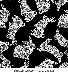 Floral Spring Rabbits Vector Seamless Pattern