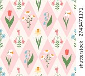 Floral Spring rhombus seamless pattern. Preppy spring summer plaid print. Argyle cute diamond pattern with hand drawn meadow and garden flowers. Vector botanical elegant circus background.