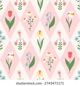 Floral Spring rhombus seamless pattern. Preppy spring summer plaid print. Argyle cute diamond pattern with hand drawn meadow and garden flowers. Vector botanical elegant circus background.