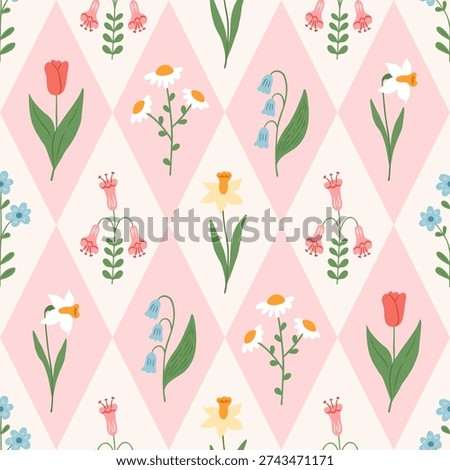 Floral Spring rhombus seamless pattern. Preppy spring summer plaid print. Argyle cute diamond pattern with hand drawn meadow and garden flowers. Vector botanical elegant circus background.
