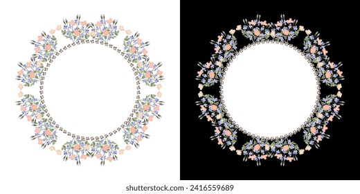 Floral spring round frame, bouquets of small flowers on white and black background, vector illustration.