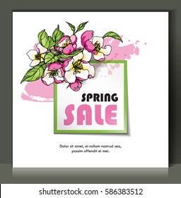 Floral spring sale card (banner) design. Floral background, template with sacura flowers for sale campaign.