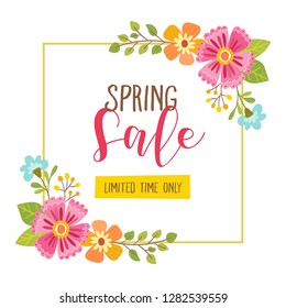 Floral spring sale card with limited time offer text included. Cute floral frame, perfect for backgrounds, cards, posters and other sale resources. Vector illustration.