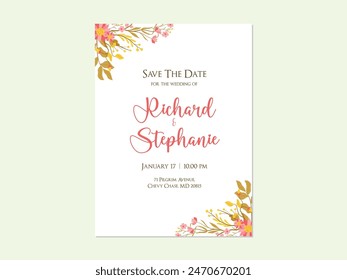 Floral Spring Save the date Wedding Invitation Card Design. Wedding floral golden invitation card save the date design with pink flowers. Wedding Invitation, save the date, thank you, rsvp card Design