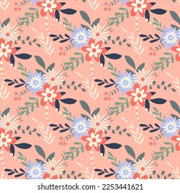 Floral spring seamless pattern. Background blooming wild flowers. Print delicate flowering wild flowers. Primrose template for textile, wallpaper, paper, packaging and design. Vector illustration