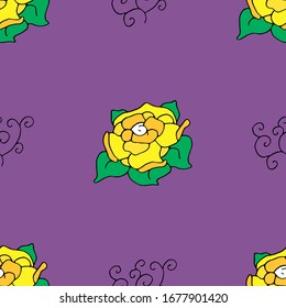 Floral spring seamless pattern. Big blooming yellow rose on a purple background with curls. Great design for textiles, wrapping paper, packaging, postcards. Vector hand drawn illustration.