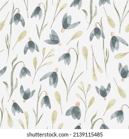 Floral spring seamless pattern with blue snowdrops and green leaves. Watercolor hand drawn isolated illustration border, meadow or floral background for your design.