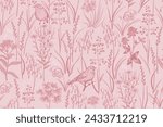 Floral spring seamless pattern. Cereals, herbs, wildflowers and cute birds. Flax, clover and others. Vector illustration. Pink and red. Template for paper, wallpaper, textiles. Vintage.