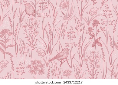 Floral spring seamless pattern. Cereals, herbs, wildflowers and cute birds. Flax, clover and others. Vector illustration. Pink and red. Template for paper, wallpaper, textiles. Vintage.