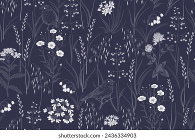 Floral spring seamless pattern. Cereals, herbs, wildflowers and cute birds. Flax, clover and others. Vector illustration. Pink and red. Template for paper, wallpaper, textiles. Vintage.