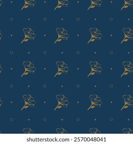Floral spring seamless pattern. Copper gold shiny outline navy dark blue background. Vector illustration for fashion, textile, fabric, decoration.