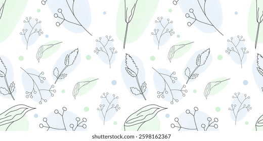 Floral spring seamless pattern with flowers in linear style with blue and green watercolor spots. Vector illustration