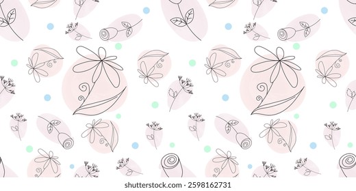 Floral spring seamless pattern with flowers in linear style with watercolor pink spots. Vector illustration