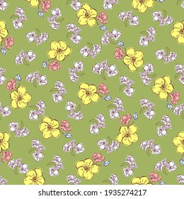 Floral spring seamless pattern, hand drawn yellow, pink and pale blue flowers, olive green background. Great for decorating fabrics, textiles, gift wrapping, printed matter, interiors, advertising. - Powered by Shutterstock - Get 15% off with code: PIKWIZARD15