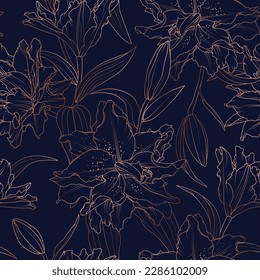 Floral spring seamless pattern. Lily peony amaryllis hippeastrum bloom blossom leaves. Copper gold shiny outline navy dark blue background. Vector illustration for fashion, textile, fabric, decoration