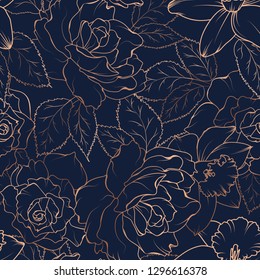 Floral spring seamless pattern. Rose peony daffodil narcissus bloom blossom leaves. Copper gold shiny outline navy dark blue background. Vector illustration for fashion, textile, fabric, decoration.