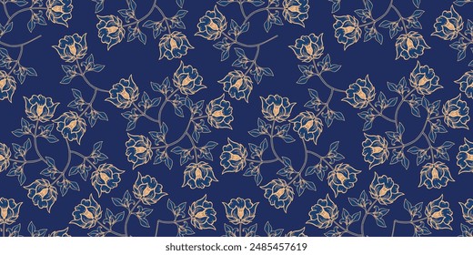 Floral spring seamless pattern. Rose peony daffodil narcissus bloom blossom leaves. Copper gold shiny outline navy dark blue background. Vector illustration for fashion, textile, fabric, decoration.