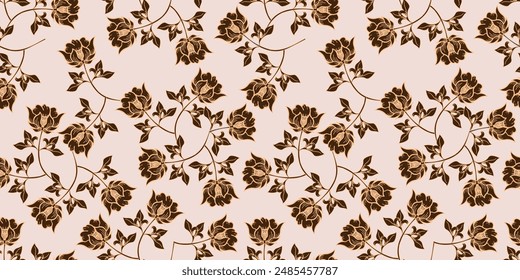 Floral spring seamless pattern. Rose peony daffodil narcissus bloom blossom leaves. Copper gold shiny outline navy dark blue background. Vector illustration for fashion, textile, fabric, decoration.