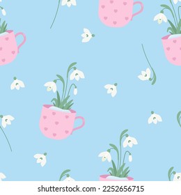 Floral spring seamless pattern. Snowdrop flowers in cup on light blue background. Vector illustration. Botanical pattern for decor, design, packaging, wallpaper, textile