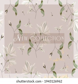 floral spring  social media banner for advertising with chic magnolia flower pattern on pink blush background