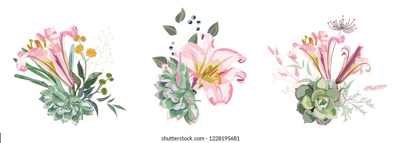 Floral spring summer card composition set for poster graphic design with pink lilies succulents and herbs. Romantic decorative bouquet. 