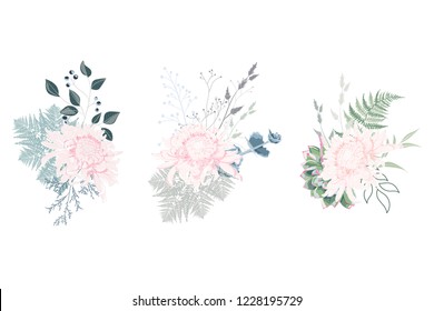 Floral spring summer card composition set for poster graphic design with pink Japanese chrysanthemum, succulents, fern and herbs. Romantic decorative bouquet. 