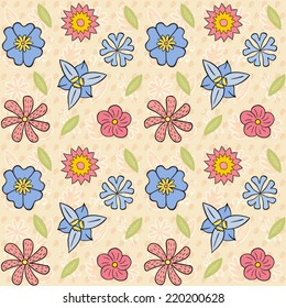 Floral spring summer seamless pattern. Cartoon flowers of various shapes and sizes. Best textile print. Digital background vector illustration. 