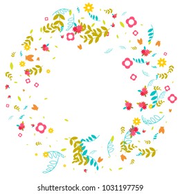 Floral Spring and Summer Vector Wallpaper with Tiny Flowers, Leaves, Butterflies, Green Branches. Easter, Mother's Day, 8 March, Birthday, Wedding Background. Cute Botanical Border, Frame, Wreath.