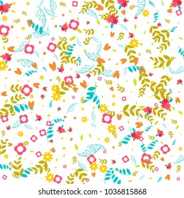 Floral Spring and Summer Vector Wallpaper with Tiny Flowers, Leaves, Butterflies, Green Branches. Easter, Mother's Day, 8 March, Birthday, Wedding Background. Cute Botanical Border, Frame, Wreath.