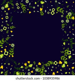 Floral Spring and Summer Vector Wallpaper with Tiny Flowers, Leaves, Butterflies, Green Branches. Easter, Mother's Day, 8 March, Birthday, Wedding Background. Cute Botanical Border, Frame, Wreath.