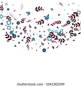 Floral Spring and Summer Vector Wallpaper with Tiny Flowers, Leaves, Butterflies, Green Branches. Easter, Mother's Day, 8 March, Birthday, Wedding Background. Cute Botanical Border, Frame, Wreath.