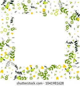 Floral Spring and Summer Vector Wallpaper with Tiny Flowers, Leaves, Butterflies, Green Branches. Easter, Mother's Day, 8 March, Birthday, Wedding Background. Cute Botanical Border, Frame, Wreath.