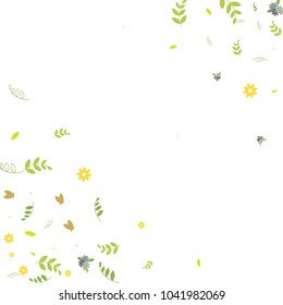 Floral Spring and Summer Vector Wallpaper with Tiny Flowers, Leaves, Butterflies, Green Branches. Easter, Mother's Day, 8 March, Birthday, Wedding Background. Cute Botanical Border, Frame, Wreath.