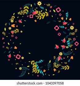 Floral Spring and Summer Vector Wallpaper with Tiny Flowers, Leaves, Butterflies, Green Branches. Easter, Mother's Day, 8 March, Birthday, Wedding Background. Cute Botanical Border, Frame, Wreath.