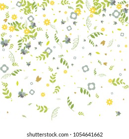 Floral Spring and Summer Vector Wallpaper with Tiny Flowers, Leaves, Butterflies, Green Branches. Easter, Mother's Day, 8 March, Birthday, Wedding Background. Cute Botanical Border, Frame, Wreath.