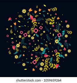 Floral Spring and Summer Vector Wallpaper with Tiny Flowers, Leaves, Butterflies, Green Branches. Easter, Mother's Day, 8 March, Birthday, Wedding Background. Cute Botanical Border, Frame, Wreath.