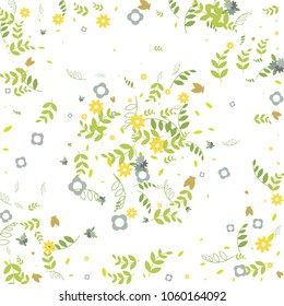 Floral Spring and Summer Vector Wallpaper with Tiny Flowers, Leaves, Butterflies, Green Branches. Easter, Mother's Day, 8 March, Birthday, Wedding Background. Cute Botanical Border, Frame, Wreath.