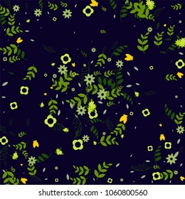 Floral Spring and Summer Vector Wallpaper with Tiny Flowers, Leaves, Butterflies, Green Branches. Easter, Mother's Day, 8 March, Birthday, Wedding Background. Cute Botanical Border, Frame, Wreath.