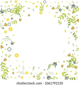 Floral Spring and Summer Vector Wallpaper with Tiny Flowers, Leaves, Butterflies, Green Branches. Easter, Mother's Day, 8 March, Birthday, Wedding Background. Cute Botanical Border, Frame, Wreath.