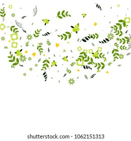 Floral Spring and Summer Vector Wallpaper with Tiny Flowers, Leaves, Butterflies, Green Branches. Easter, Mother's Day, 8 March, Birthday, Wedding Background. Cute Botanical Border, Frame, Wreath.
