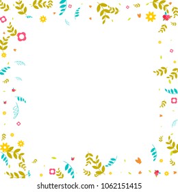 Floral Spring and Summer Vector Wallpaper with Tiny Flowers, Leaves, Butterflies, Green Branches. Easter, Mother's Day, 8 March, Birthday, Wedding Background. Cute Botanical Border, Frame, Wreath.