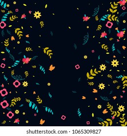 Floral Spring and Summer Vector Wallpaper with Tiny Flowers, Leaves, Butterflies, Green Branches. Easter, Mother's Day, 8 March, Birthday, Wedding Background. Cute Botanical Border, Frame, Wreath.