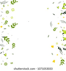 Floral Spring and Summer Vector Wallpaper with Tiny Flowers, Leaves, Butterflies, Green Branches. Easter, Mother's Day, 8 March, Birthday, Wedding Background. Cute Botanical Border, Frame, Wreath.