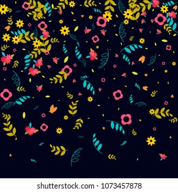 Floral Spring and Summer Vector Wallpaper with Tiny Flowers, Leaves, Butterflies, Green Branches. Easter, Mother's Day, 8 March, Birthday, Wedding Background. Cute Botanical Border, Frame, Wreath.