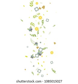 Floral Spring and Summer Vector Wallpaper with Tiny Flowers, Leaves, Butterflies, Green Branches. Easter, Mother's Day, 8 March, Birthday, Wedding Background. Cute Botanical Border, Frame, Wreath.