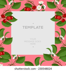 Floral spring template with cherry berries and cherry blossom branch, vector illustration. 