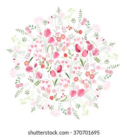 Floral spring template with cute bunches of tulips. For romantic and easter design, announcements, greeting cards, posters, advertisement.